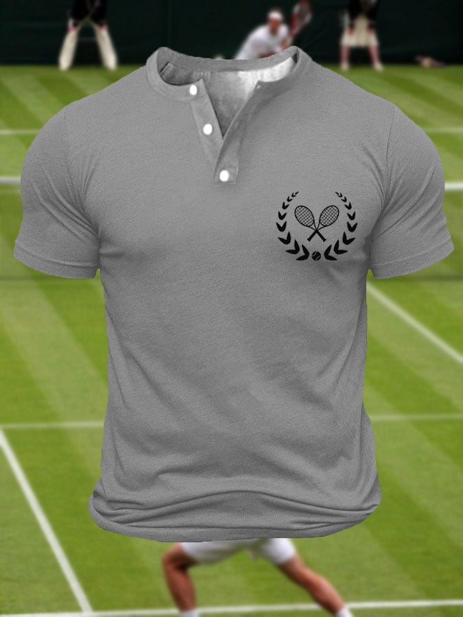 Men's Tennis Lover Printed Henley Collar Button-Up T-Shirt