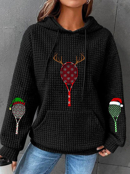 Women's Christmas Tennis Racket Print Waffle Hooded Sweatshirt