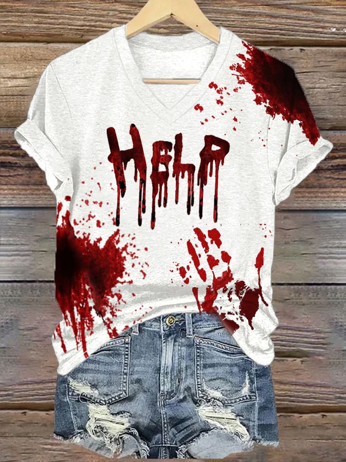 Women'S Halloween Blood Help Print Casual T-Shirt