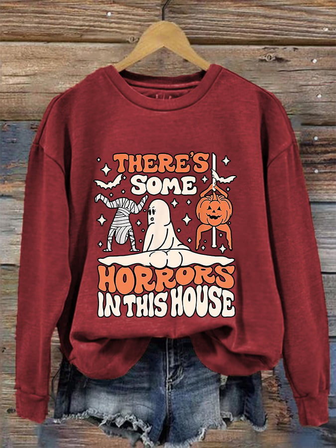 Women's Funny Halloween There's Some Horrors In This House Pumpkin Spooky Mummy Sweatshirt