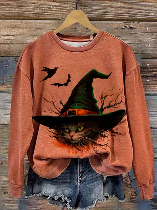 Women's Halloween Witches Cat  Print Sweatshirt