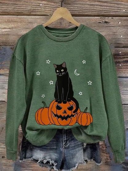 Women's Halloween Pumpkin And Cats Print Casual Sweatshirt