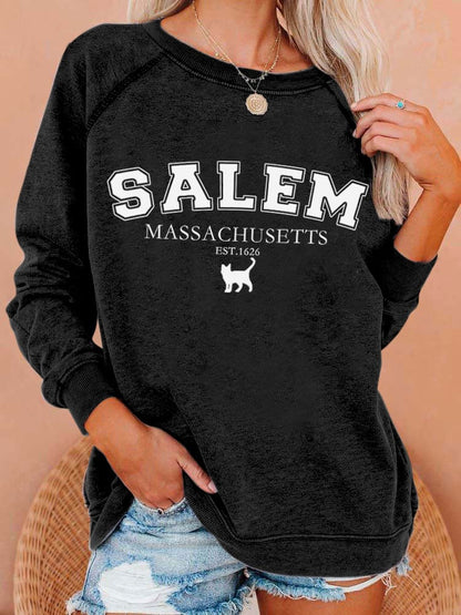 Women's Salem Massachusetts Est.1626 Halloween Black Cat Print Casual Sweatshirt