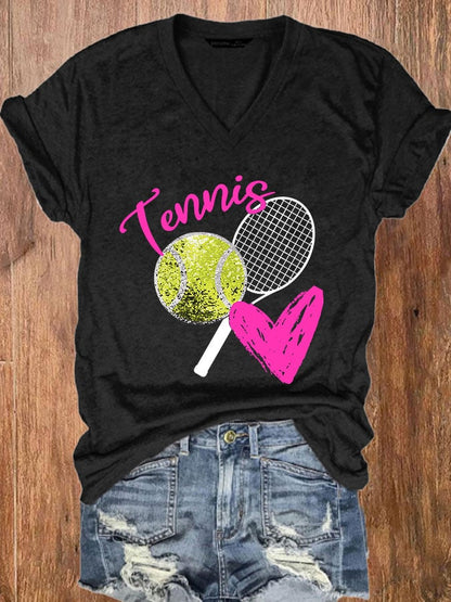 Women's Tennis Print Casual V-Neck Tee