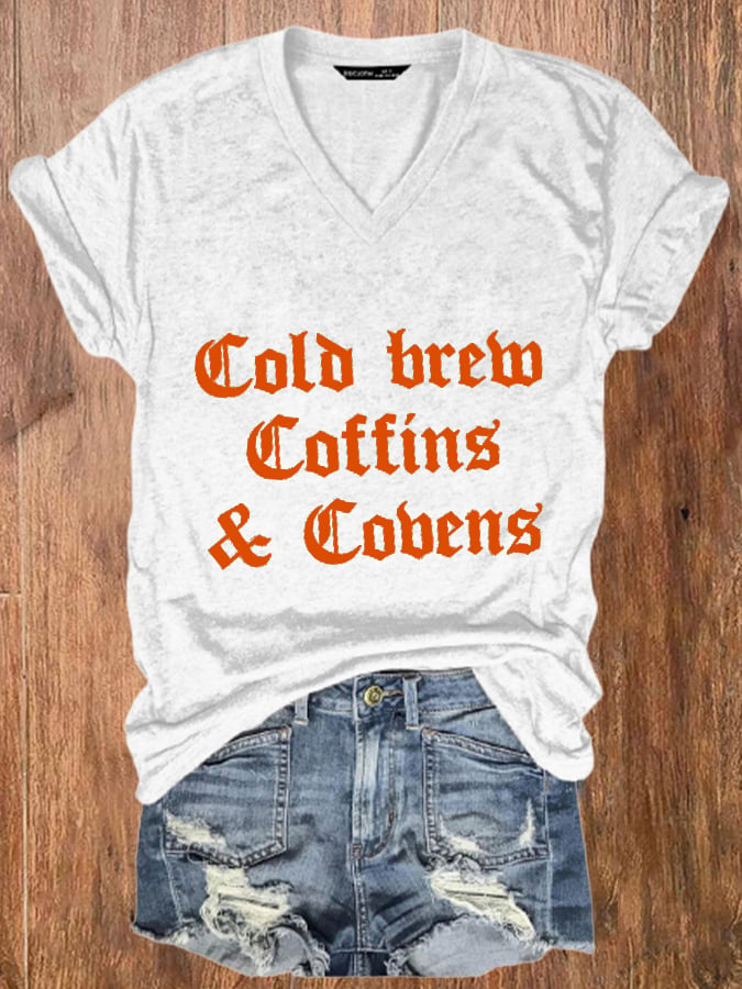 Women's Halloween  Cold Brew, Coffins & Covens  V-Neck Tee