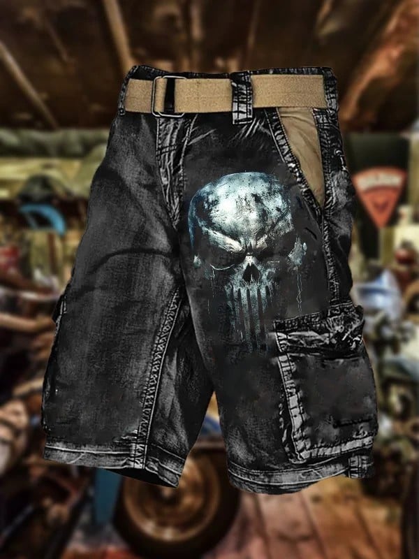 Men's Retro Motorcycle Skull Print Cargo Shorts