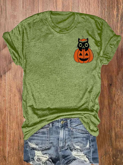 Women's Pumpkin Cat Halloween Printed Short Sleeve T-Shirt