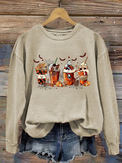 Women's Halloween Skeleton Coffee Cups Printed Sweatshirt