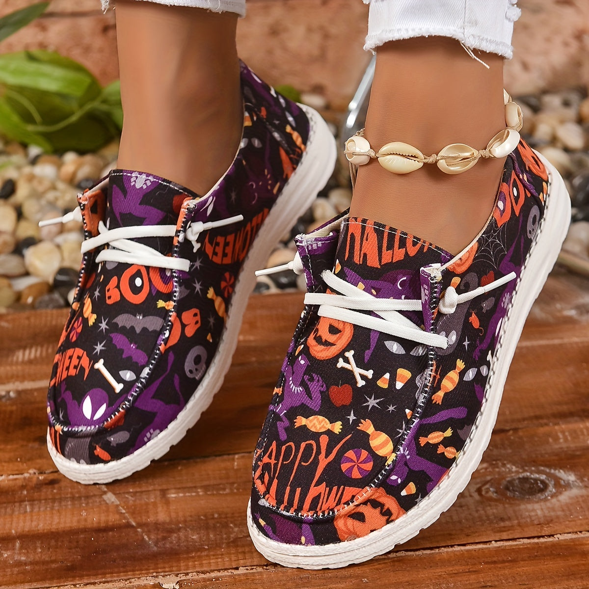 Halloween Pumpkin & Bat Print Women's Canvas Shoes, Casual Lace Up Outdoor Shoes, Lightweight Low Top Halloween Shoes