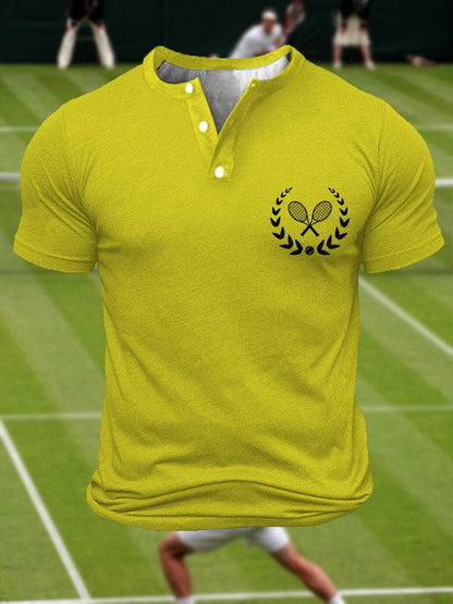 Men's Tennis Lover Printed Henley Collar Button-Up T-Shirt