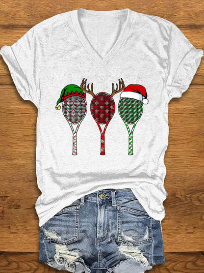 Women's Christmas Tennis Racket Print T-Shirt