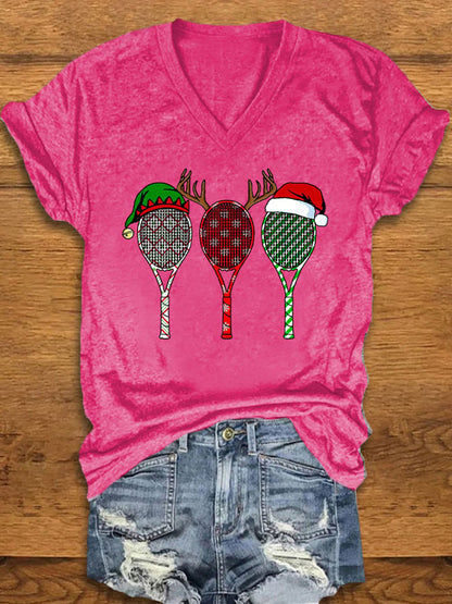 Women's Christmas Tennis Racket Print T-Shirt