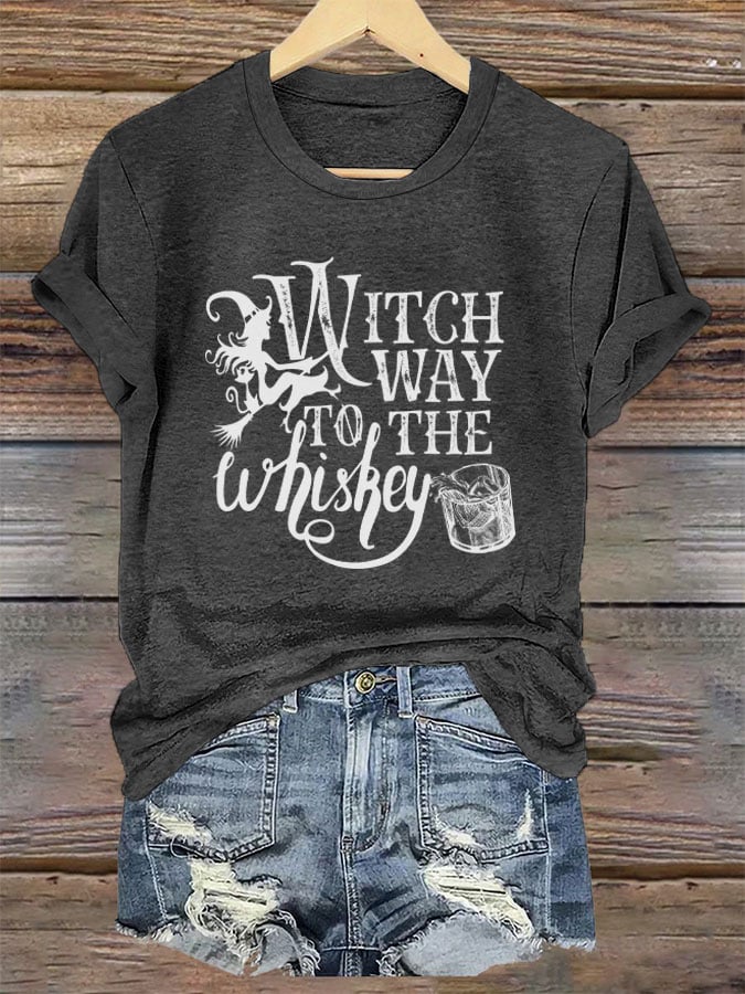 Women's Witch Way to The Whiskey Halloween Printed T-Shirt