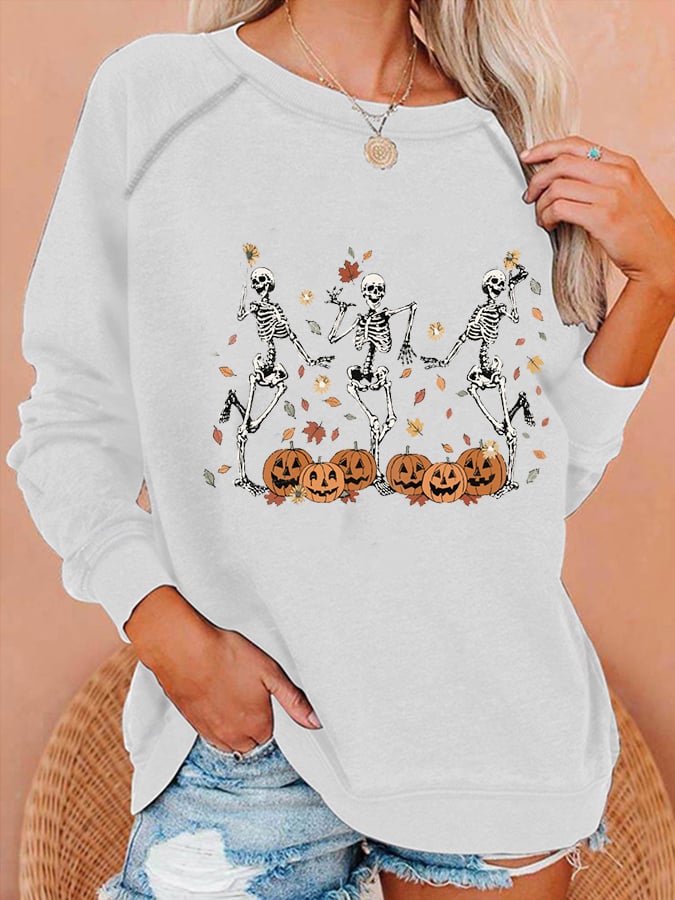 Women's Dancing Skeleton Pumpkin Print Casual Sweatshirt