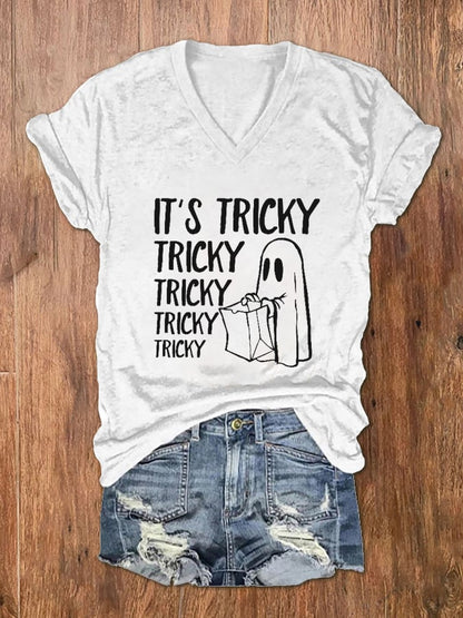 Women's It's Tricky Funny Halloween Print V-Neck T-Shirt