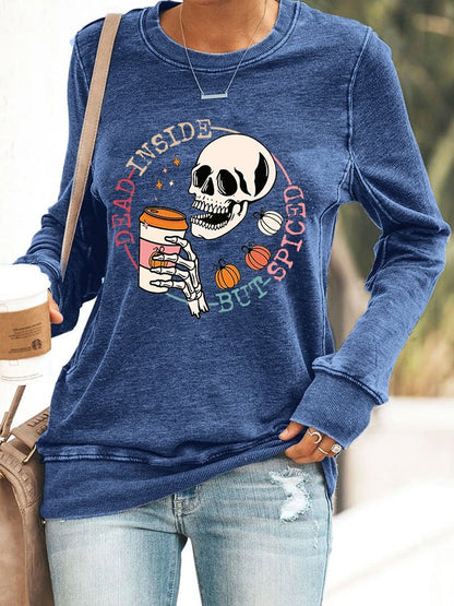 Women's Funny Halloween Dead Inside But Spiced Skeleton Casual Sweatshirt