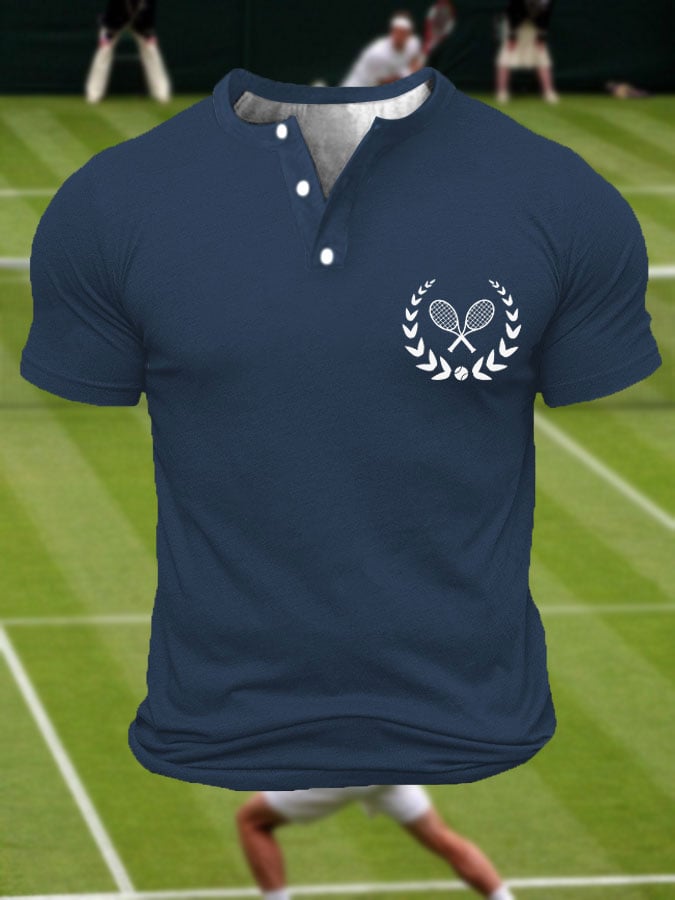 Men's Tennis Lover Printed Henley Collar Button-Up T-Shirt