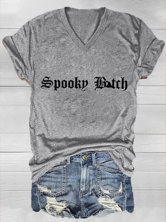 Women's Halloween Spooky B*tch Print V-Neck T-Shirt