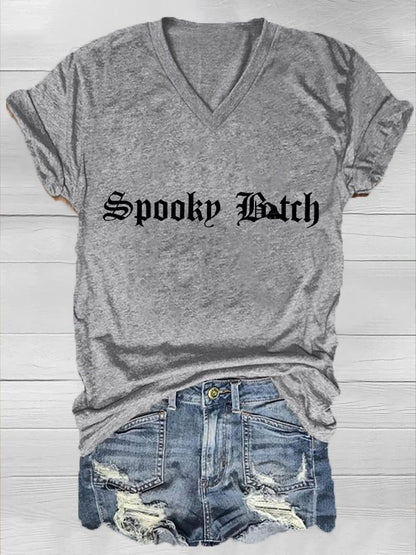 Women's Halloween Spooky B*tch Print V-Neck T-Shirt