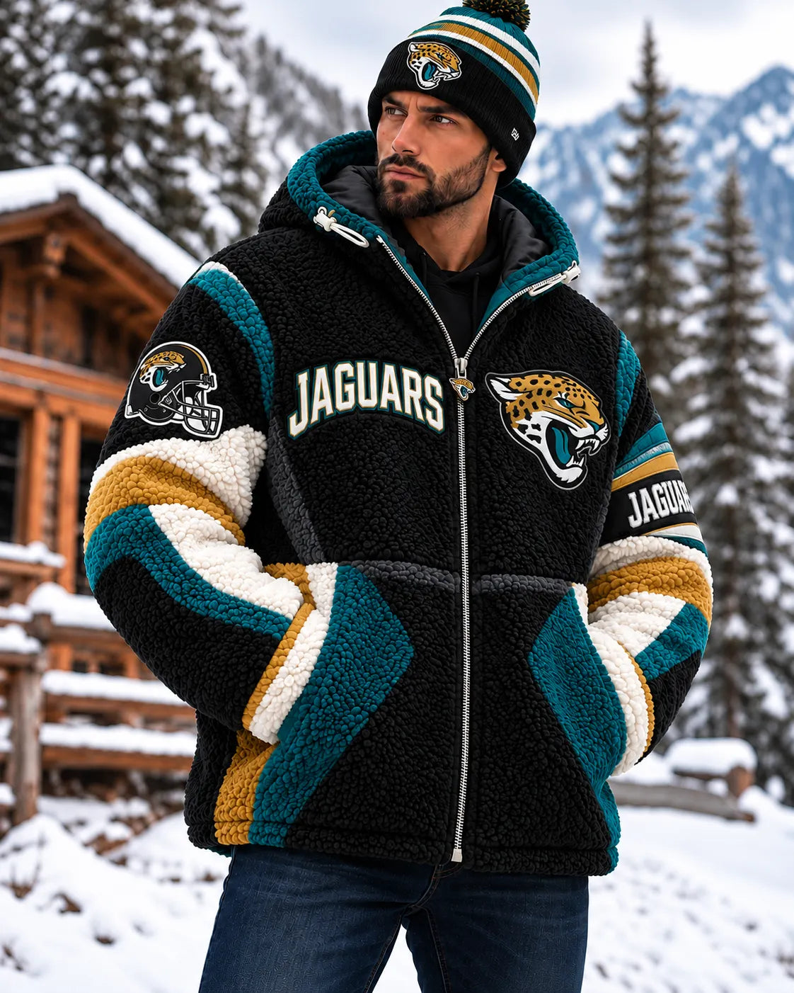 UNISEX JACKSONVILLE JAGUARS SHERPA FLEECE ZIP UP HOODIE JACKET