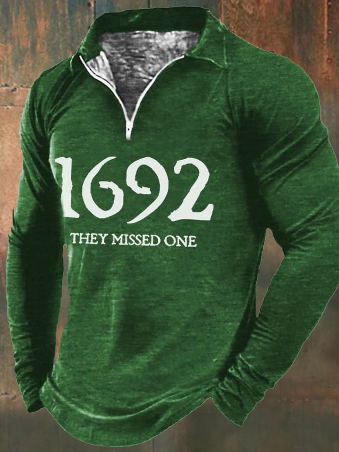 Men's 1692 They Missed One Salem Witch Print Zip Long Sleeve Sweatshirt