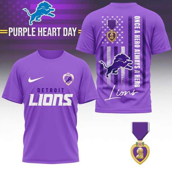 Detroit Lions | Premium National Purple Heart Day 3D Shirt HI