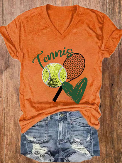 Women's Tennis Print Casual V-Neck Tee