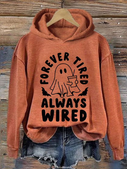 Women's Halloween Forever Tired Always Wired Spooky Boo Printed Hooded Sweatshirt