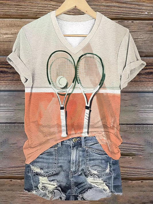 Women's Funny Tennis Patchwork Printed V-Neck T-Shirt