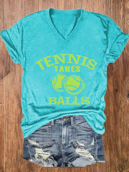 Women's Funny Tennis Tennis Takes Balls Printed Casual Tee