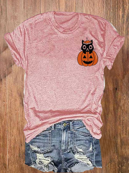 Women's Pumpkin Cat Halloween Printed Short Sleeve T-Shirt