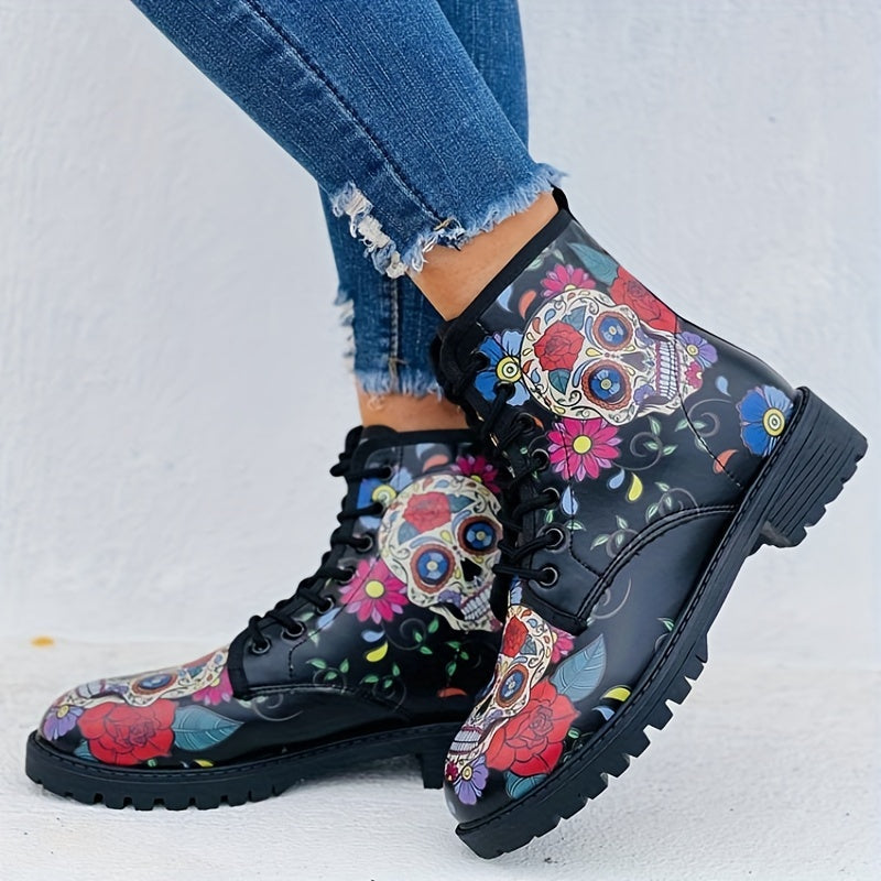 Skull Rose Printed Gothic Combat Boots: Embrace Your Dark Side in Style