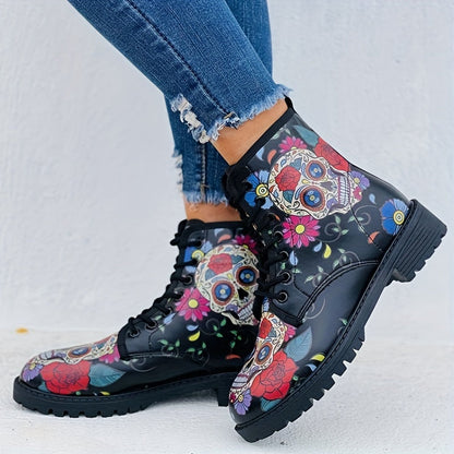 Skull Rose Printed Gothic Combat Boots: Embrace Your Dark Side in Style