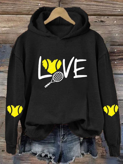 Women's love tennis printed casual hooded sweatshirt