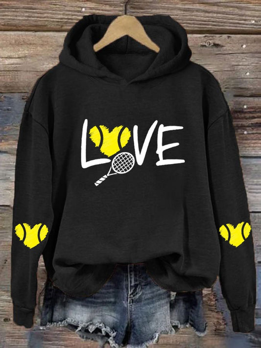 Women's love tennis printed casual hooded sweatshirt
