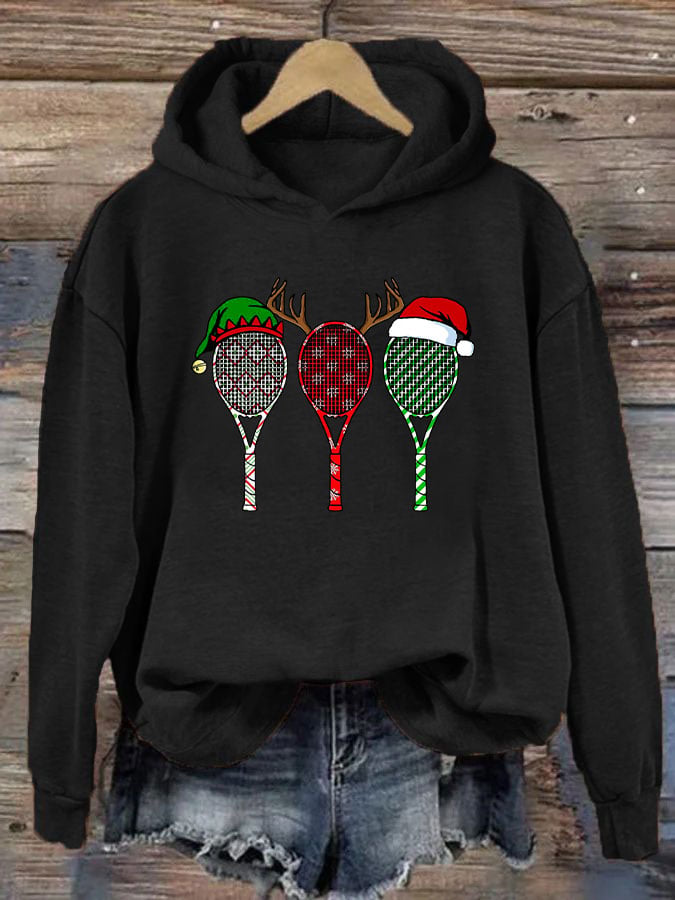 Women's Christmas Tennis Racket Print Casual Hooded Sweatshirt