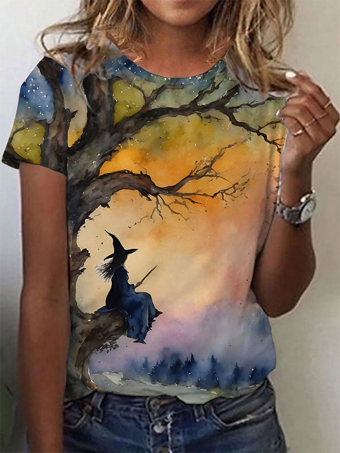 Women's Witch Wishing Tree Print T-shirt