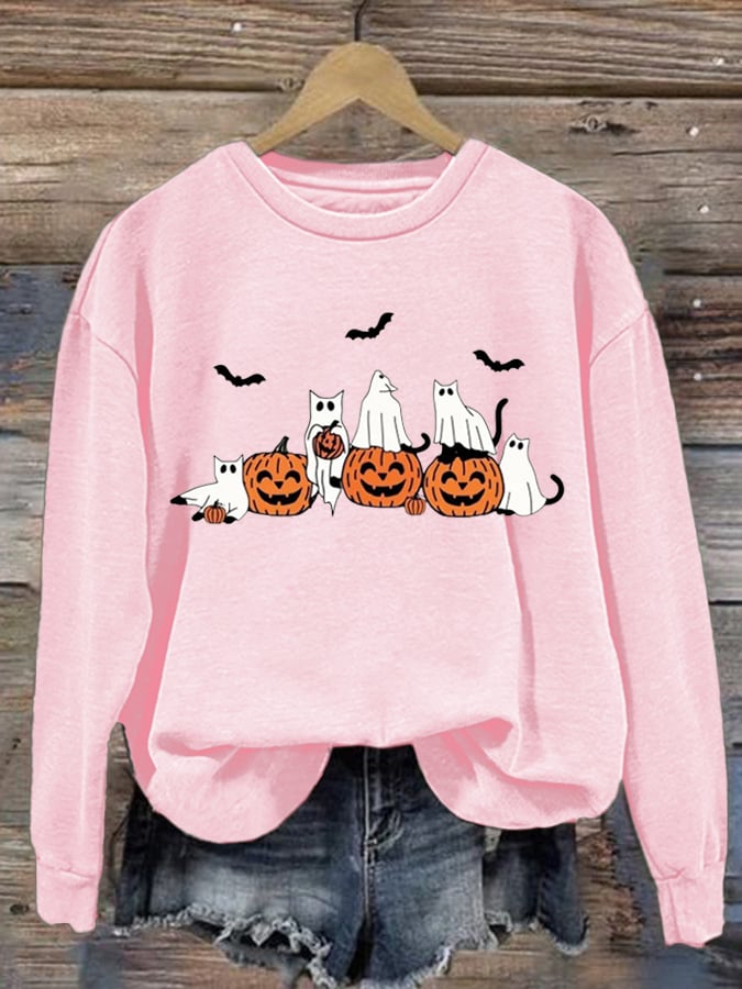 Women's Ghost Cats Halloween Print Long Sleeve Sweatshirt