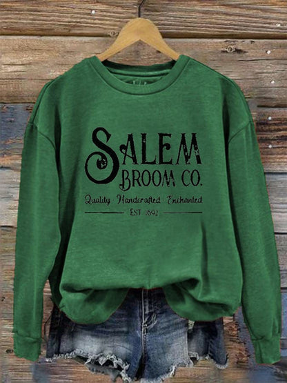 Women's Salem Broom Co Quality Handcrafted Enchanted Est 1692 Print Crew Neck Sweatshirt