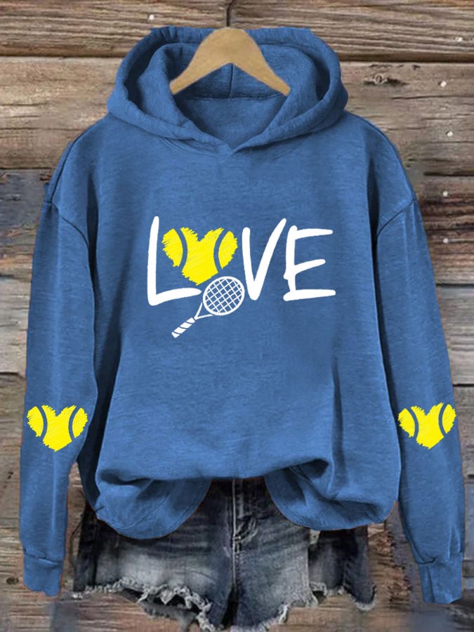 Women's love tennis printed casual hooded sweatshirt