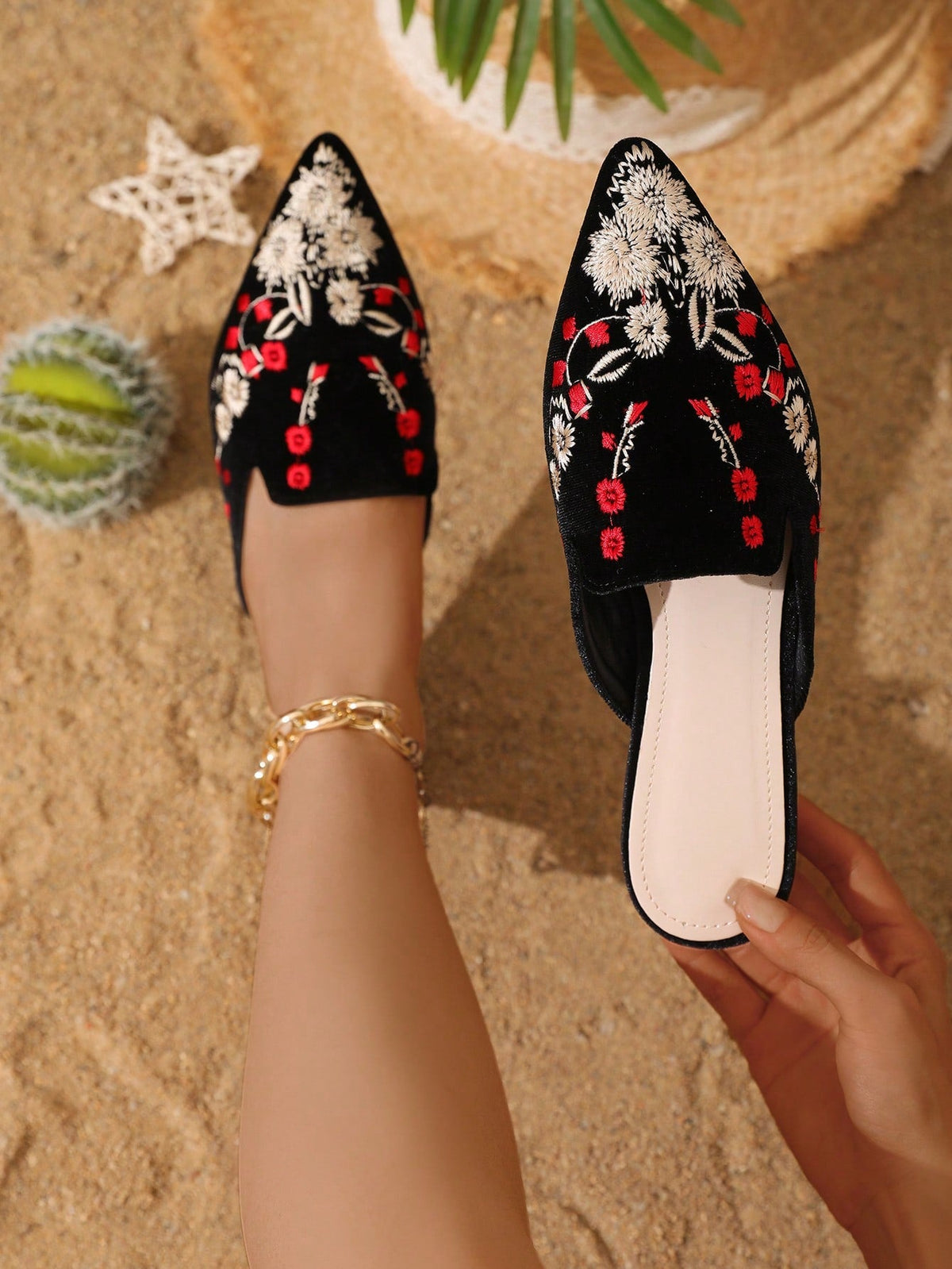 Summer Blossom Embroidered Flat Mules: Must-Have Outdoor Footwear for Women