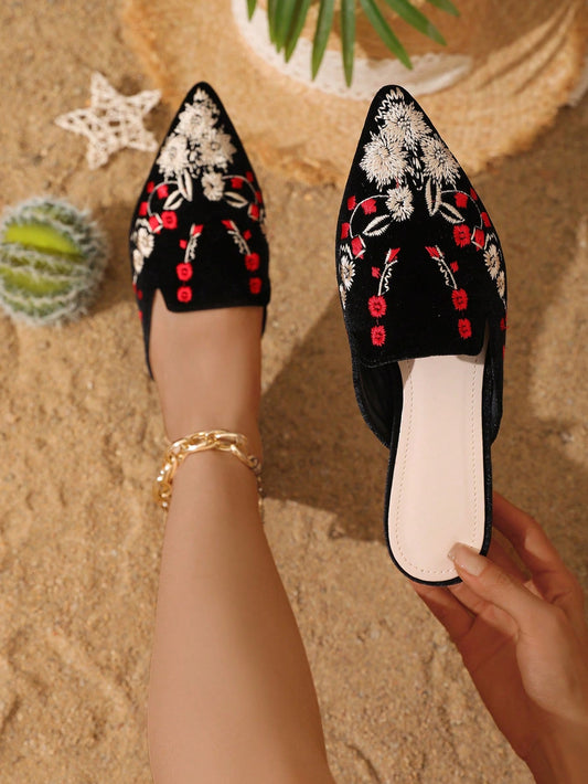 Summer Blossom Embroidered Flat Mules: Must-Have Outdoor Footwear for Women