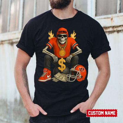American Football Cool Skeleton Black Tshirt Personlized Name Gift For Fan 06