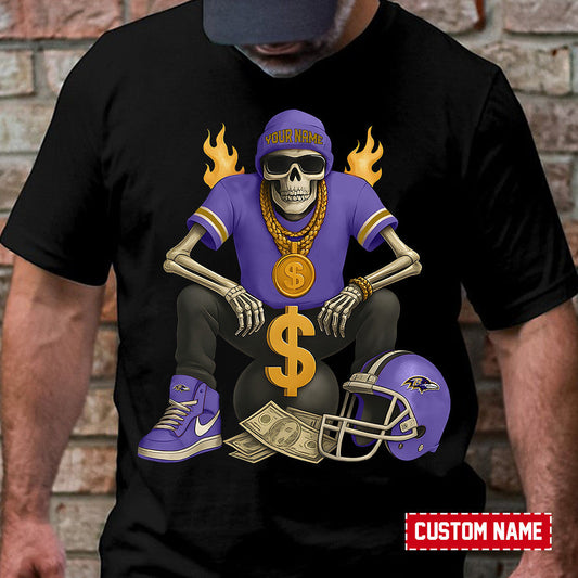 American Football Cool Skeleton Black Tshirt Personlized Name Gift For Fan 05