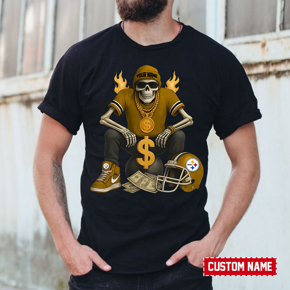 American Football Cool Skeleton Black Tshirt Personlized Name Gift For Fan 08