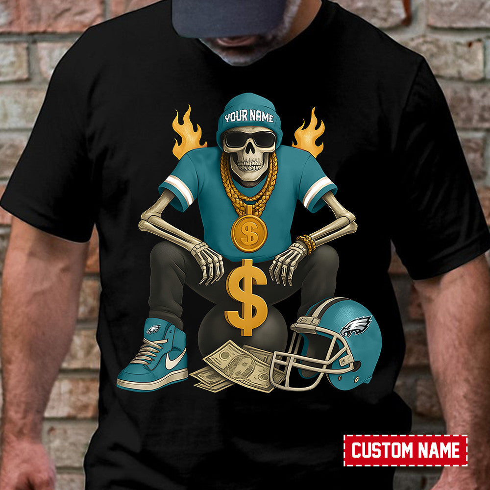 American Football Cool Skeleton Black Tshirt Personlized Name Gift For Fan 19