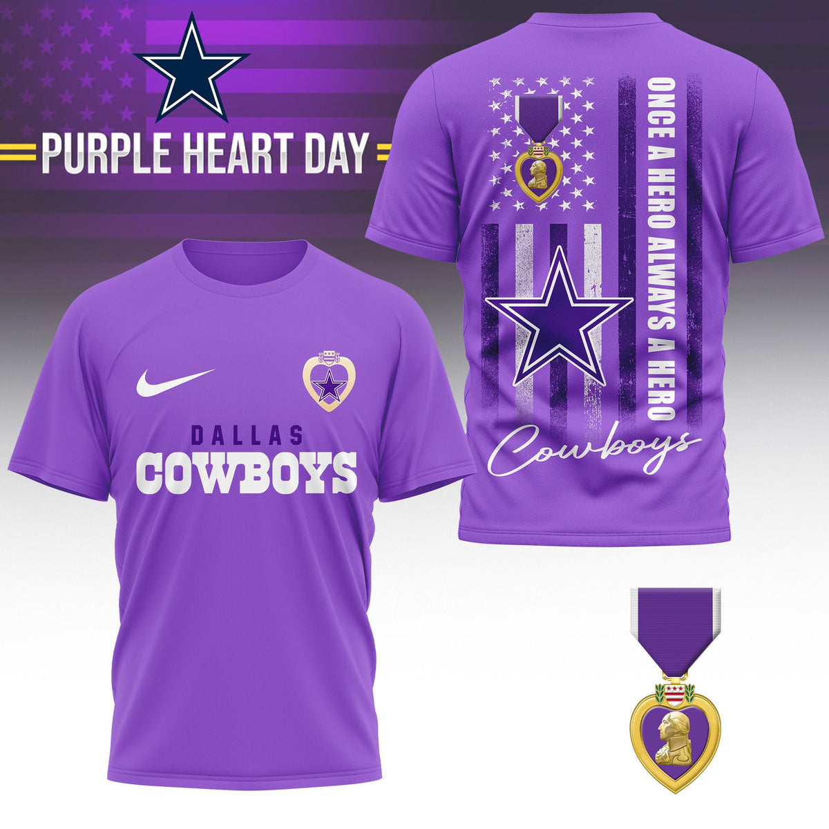 Dallas Cowboys | Premium NFL Premium National Purple Heart Day 3D Shirt HI