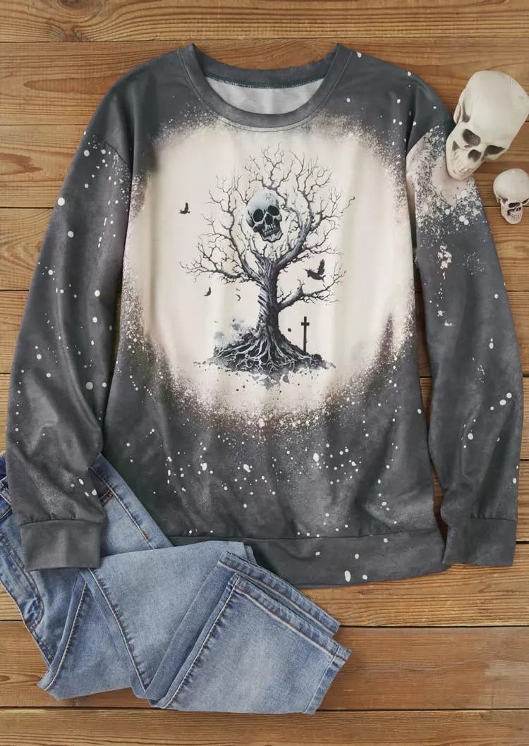 Women's Halloween Skull Bleached Print Sweatshirt