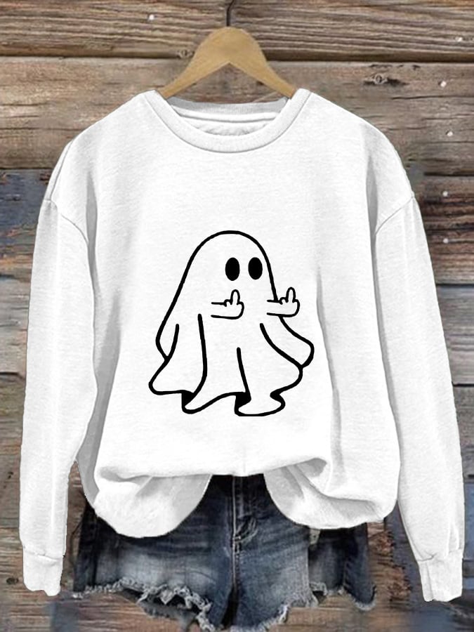 Women's Ghost Middle Finger Print Long Sleeve Sweatshirt