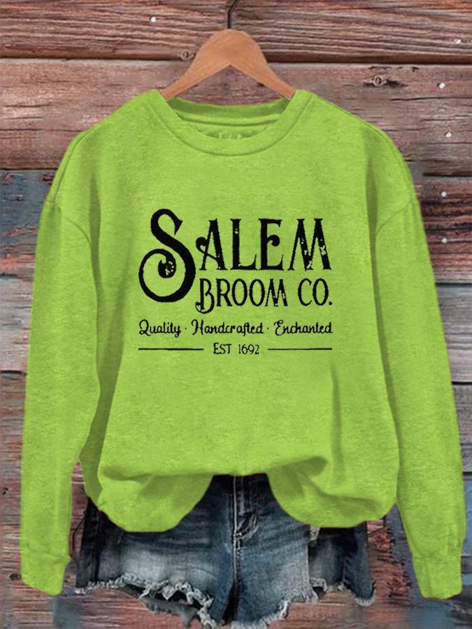 Women's Salem Broom Co Quality Handcrafted Enchanted Est 1692 Print Crew Neck Sweatshirt